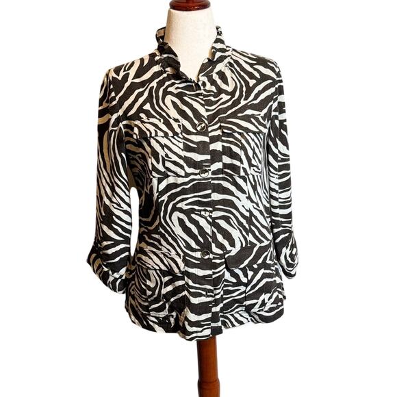 Chico's jacket brown & tan zebra linen 3/4 tab sleeve button front Sz 0 US S - Picture 1 of 13